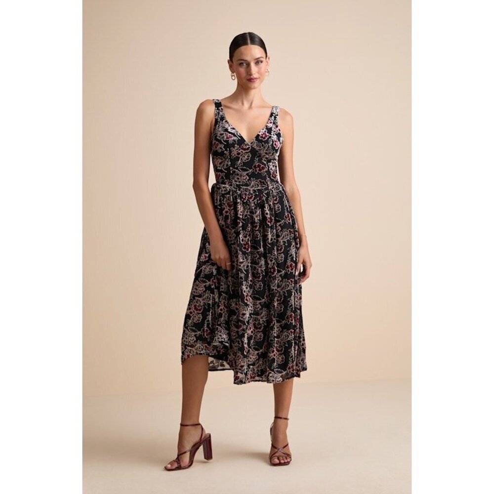 Lulus Priella Black Velvet Burnout Lace-up Midi Dress - Size XL
